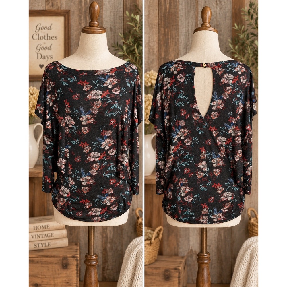 Free People Floral Open Back Boat Neck Top Black Red Blue Small